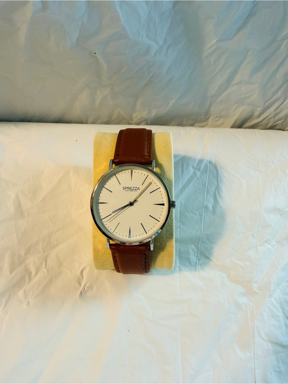Sprezza New York City Mens Watch 40mm White Dial Brown Strap Silver Tone